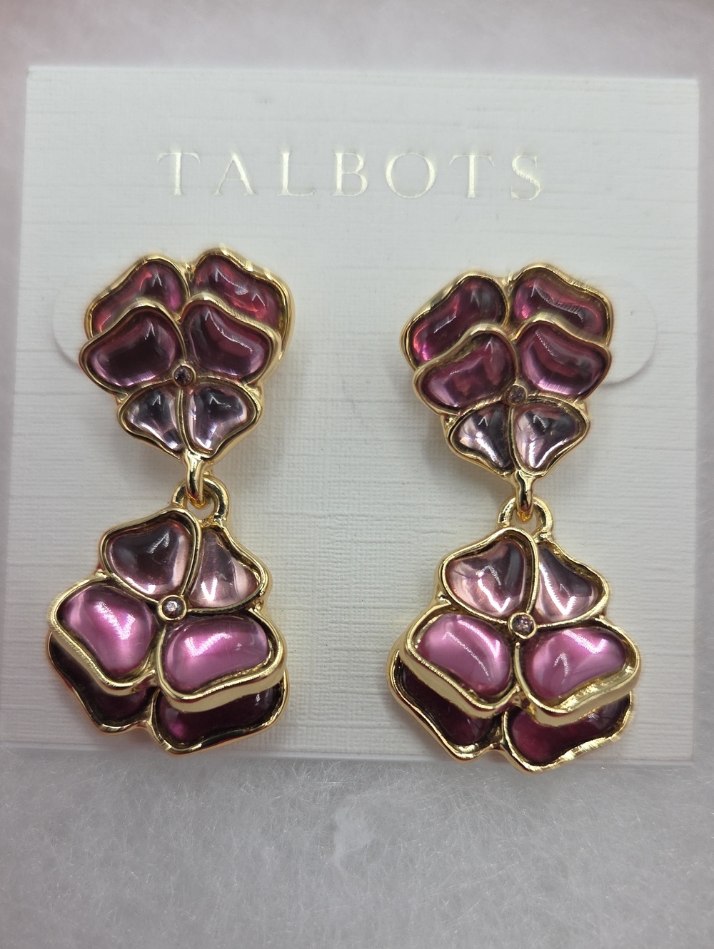 Talbots Gold-Tone Pink Floral Drop Earrings
